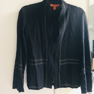 HARARI SILK ZIP FRONT JACKET BLACK WITH WHITE TOP STITCHING S/M EUC